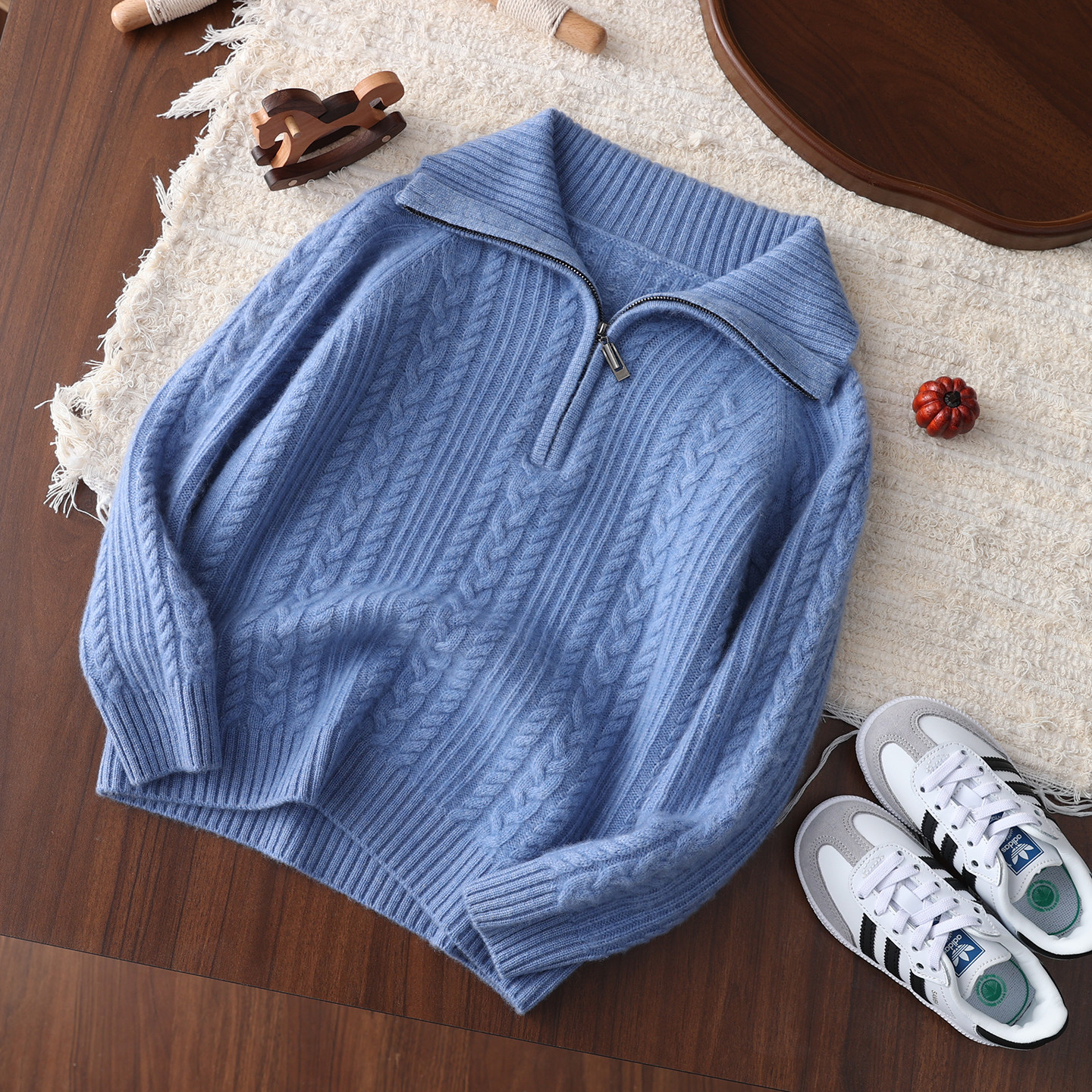 儿童秋冬新款100%纯山羊绒衫男女童半拉链加厚绞花针织毛衣打底衫