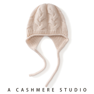 重磅加厚~秋冬100%纯山羊绒帽子女后开叉卷边绞花针织护耳小辫帽