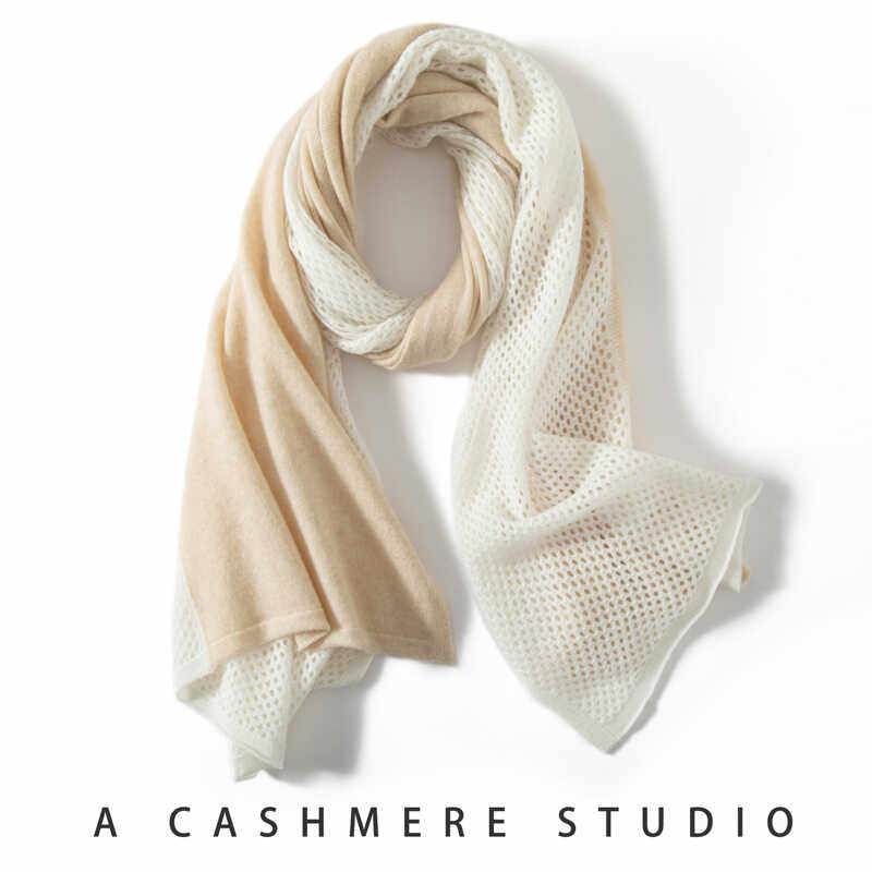 100%纯山羊绒围巾女镂空双色拼接针织保暖披肩两用百搭秋冬新款