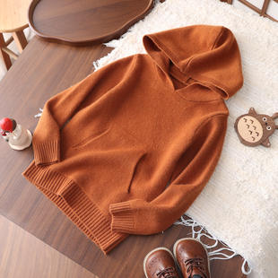 儿童秋冬新款100%纯山羊绒衫男女同款加厚连帽针织衫宽松帽衫毛衣