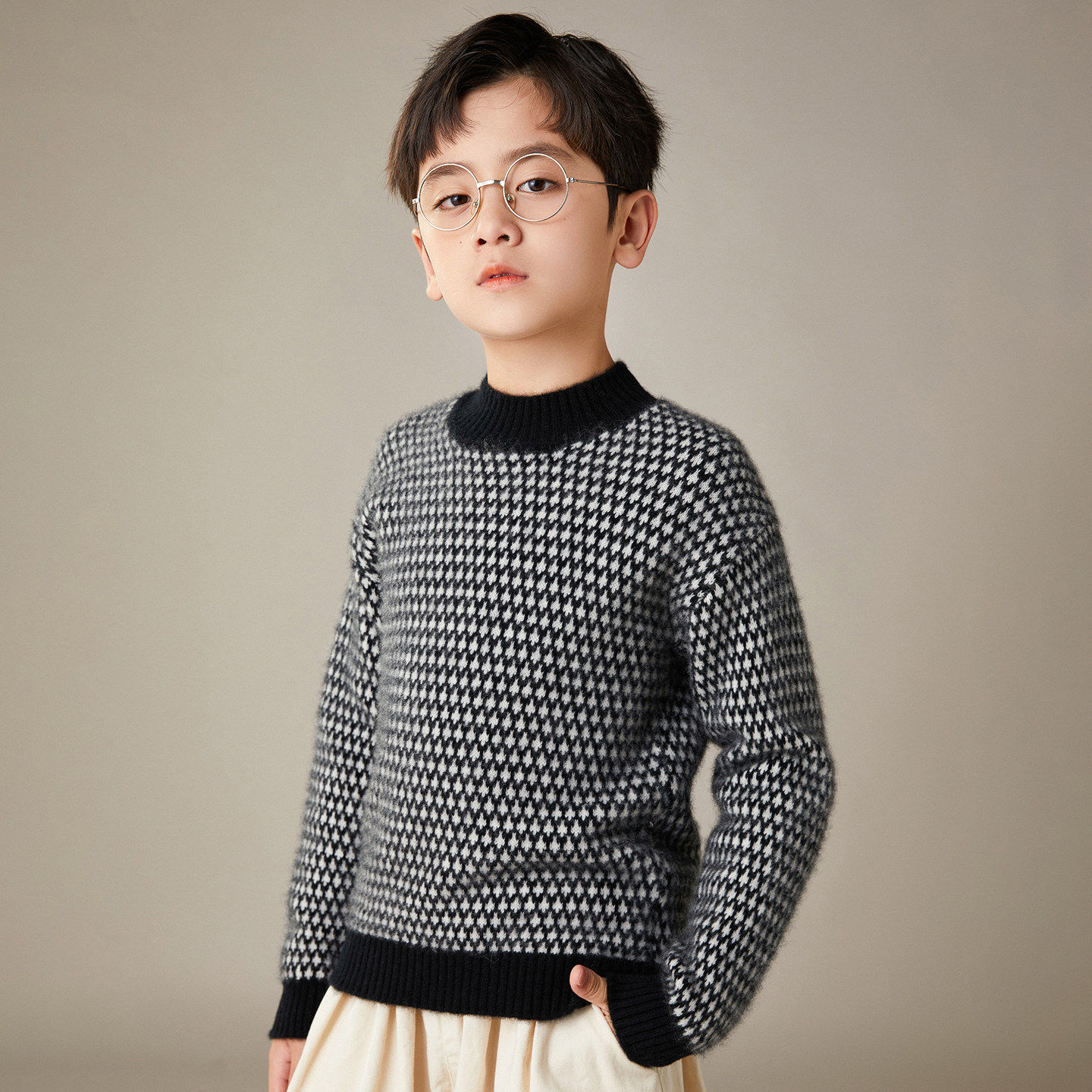 儿童秋冬新款100%纯羊毛衫男女童圆领加厚针织打底衫毛衣保暖上衣