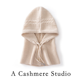 设计感~秋冬100%纯山羊绒帽子女时尚休闲保暖围脖一体针织帽