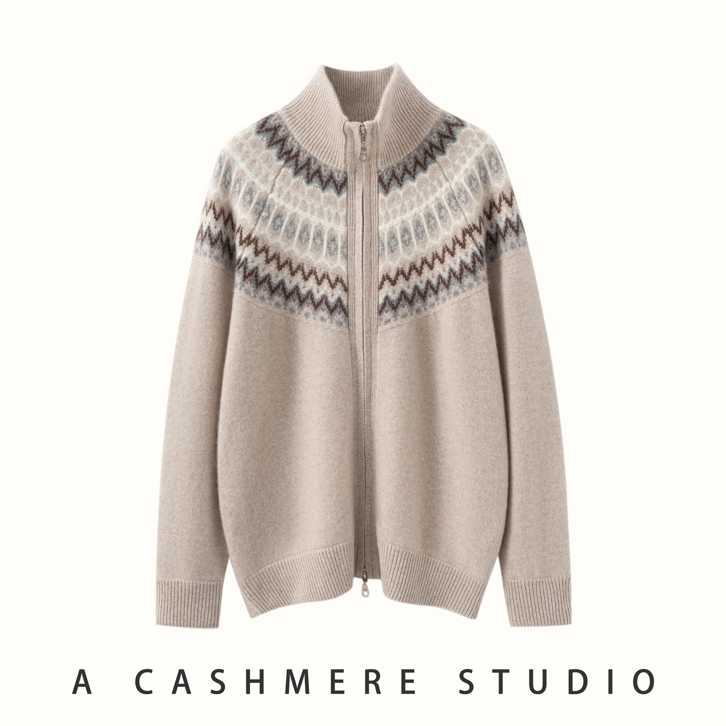 秋冬新款100%纯山羊绒开衫女高翻领拉链针织提花开衫外套超厚款