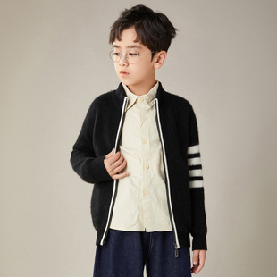 秋冬半高领100%纯羊毛儿童拼色男童女童针织开衫拉链外套加厚毛衣