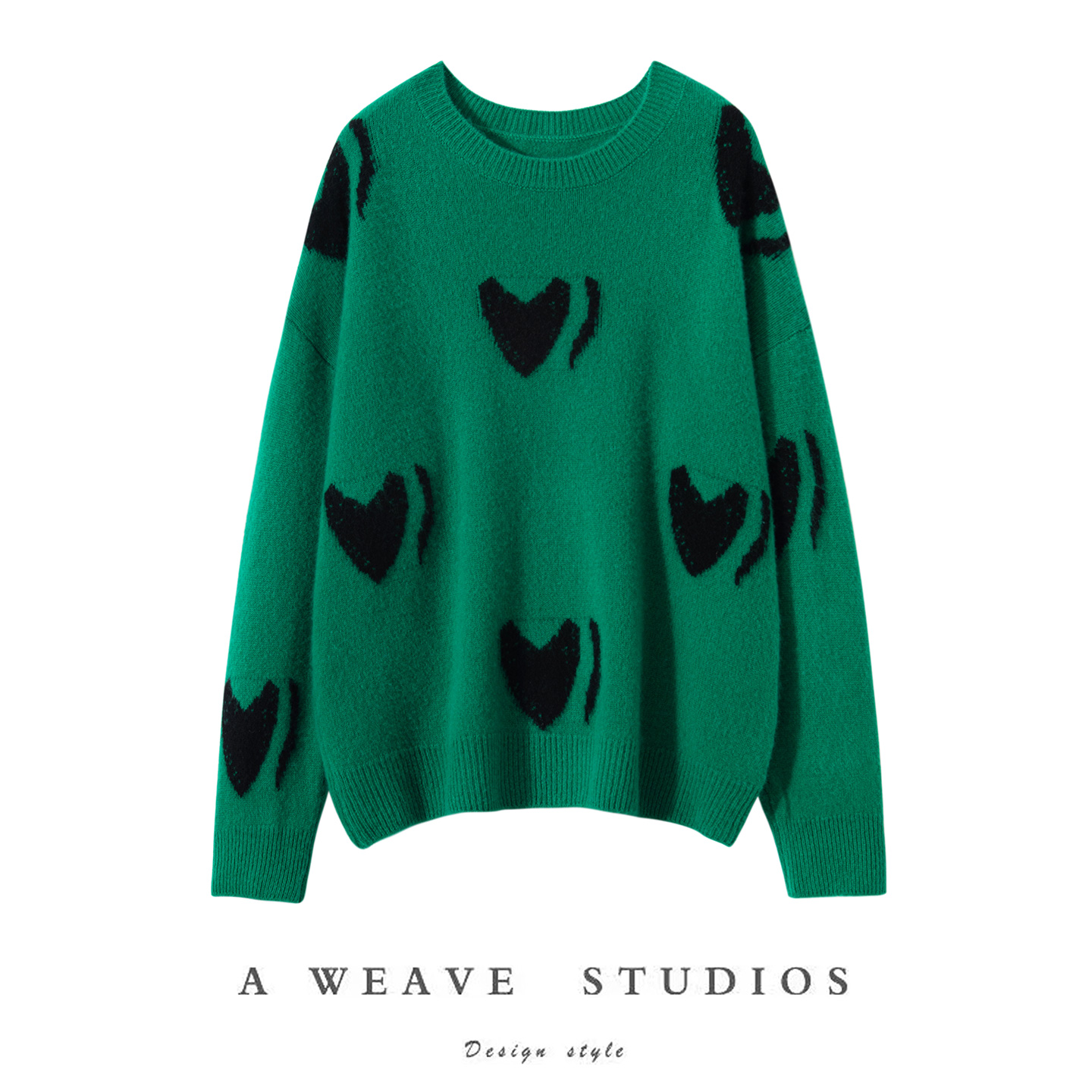 绿色爱心提花100%山羊绒女羊绒衫
