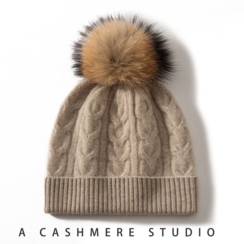 秋冬100%纯山羊绒帽子女保暖加厚毛球针织护耳包头绞花百搭冷帽男