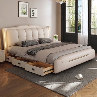 新款 轻奢主卧灯带真皮床现代简约1.8米双人床2米婚床软包储物皮床