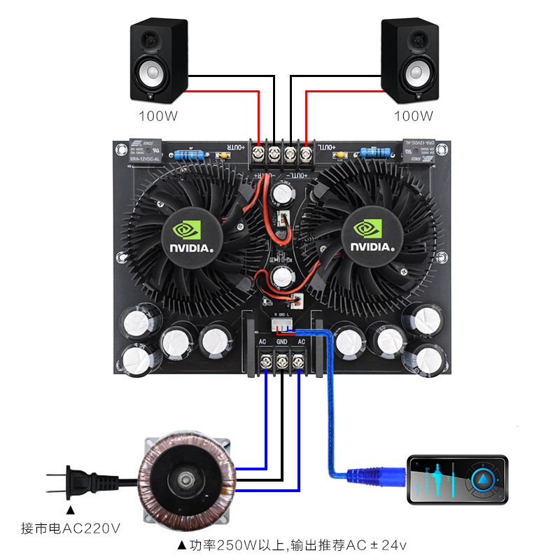 XH-A132 大功率TDA7293功放板带风扇双声道立体音频放大板2*100W