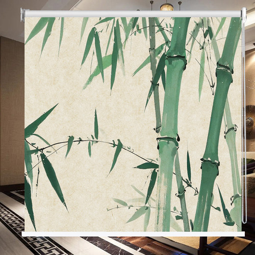 定制新中式竹图案禅意荷花卷帘窗帘茶室书房客厅遮光遮阳帘卷拉式