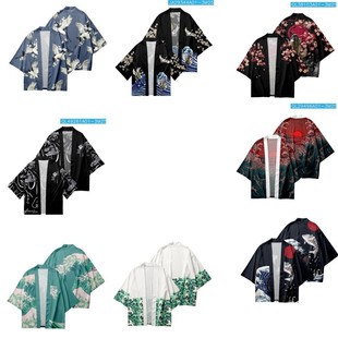 夏季休闲开衫日系浮世绘浪花和服披风3D数码印花居家浴袍羽织男士