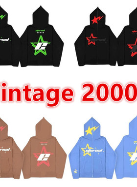 星星字母印花Vintage 2000S拉链连帽衫高街时尚Y2K休闲情侣卫衣