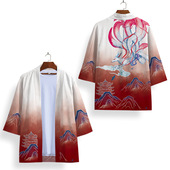 新品 潮流国风 山水画印花半袖 夏季 原宿和服道袍外套羽织披风开衫