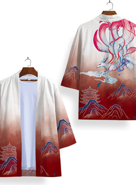 夏季新品 潮流国风 山水画印花半袖原宿和服道袍外套羽织披风开衫