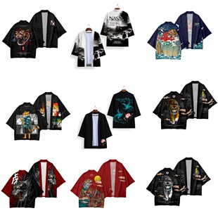 夏季新品 中国风老虎 3D印花半袖原宿和服道袍外套羽织披风开衫
