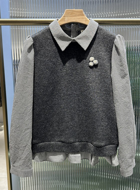 商场同款2026春季新款翻领格子拼接假两件洋气减龄针织打底衫6102