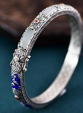 s925纯银繁花似锦和田玉银手镯