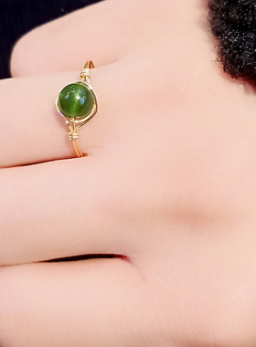 和田碧玉石戒指菠菜绿女14k包金