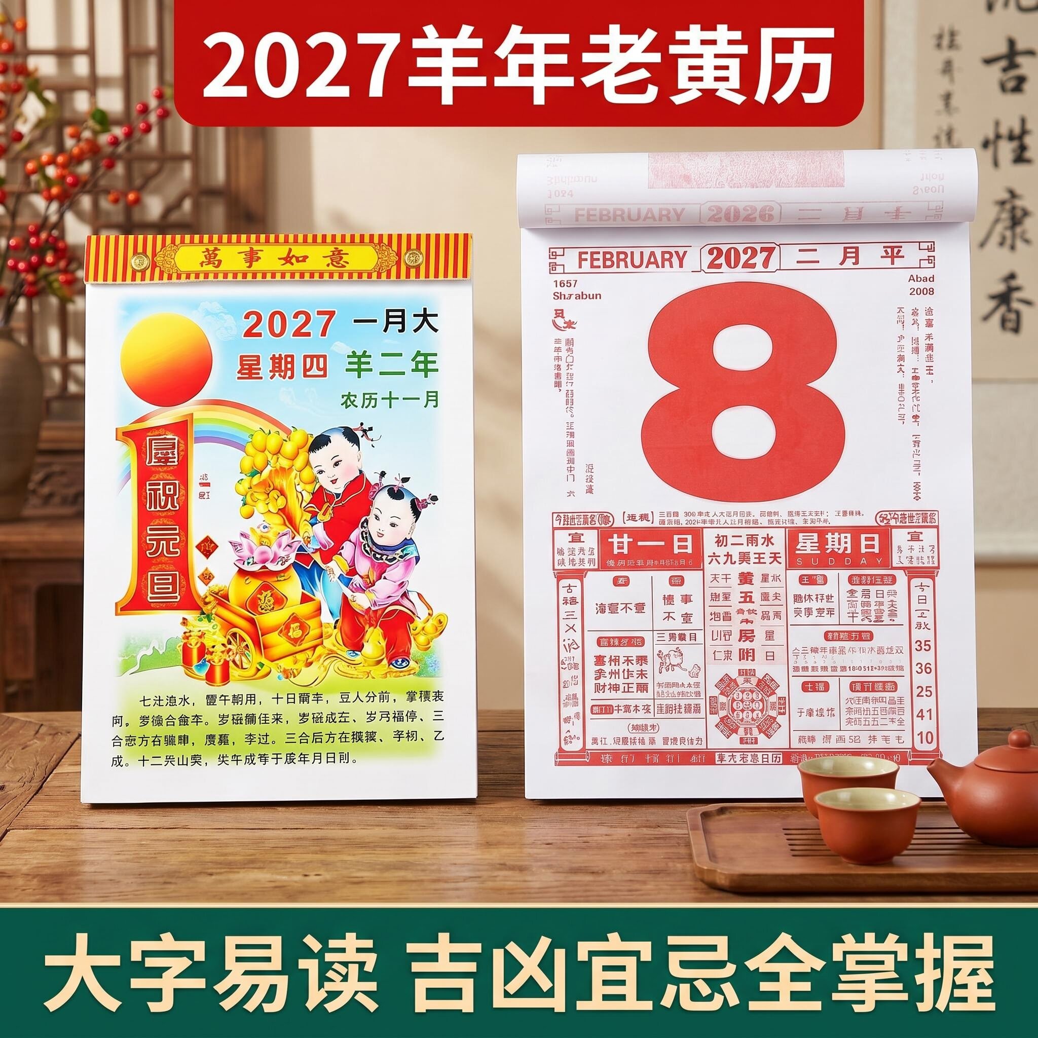 2027年羊年日历挂历家用手撕日历老黄历老皇历黄道吉日老式挂历