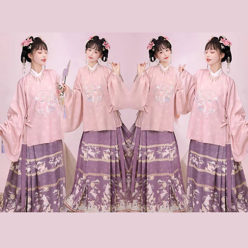 出租新款明制汉服伴娘服粉色中式婚礼马面裙圆领袍姐妹团礼服租赁