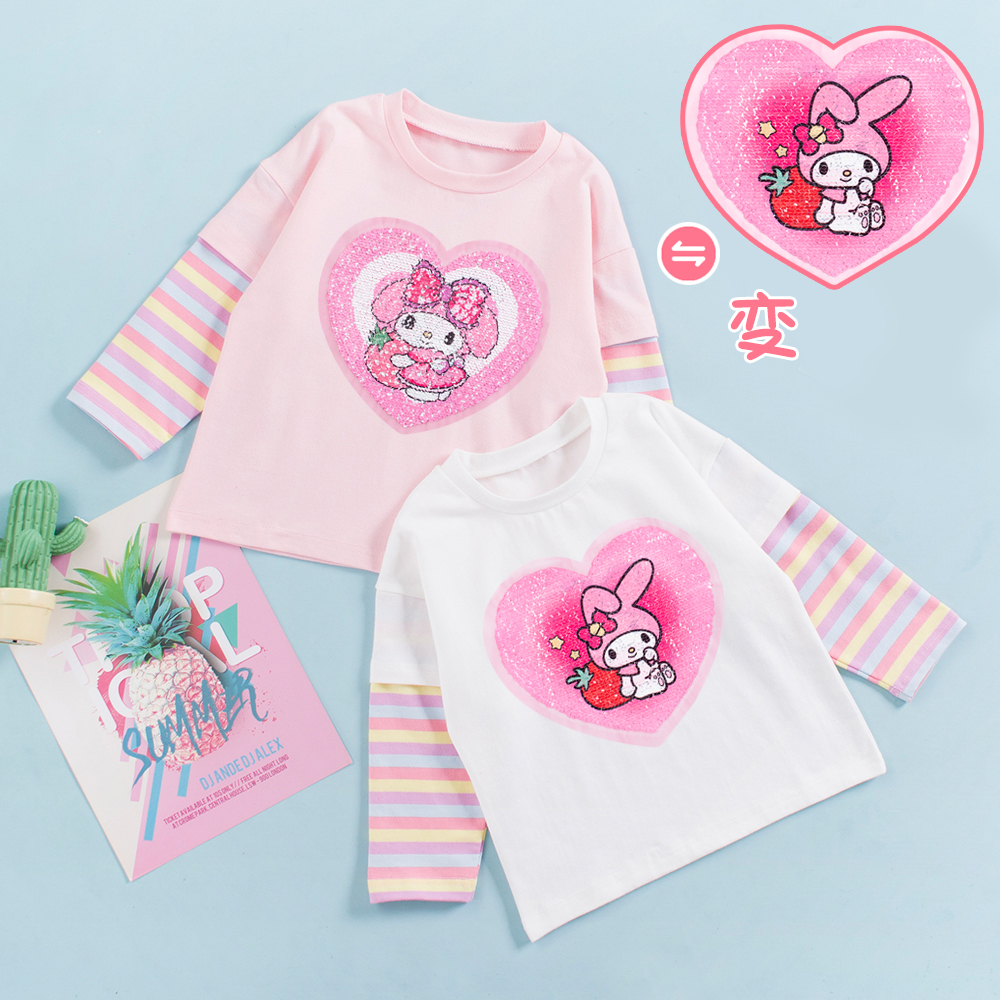 女童假两件T恤亮片可变图案衣服