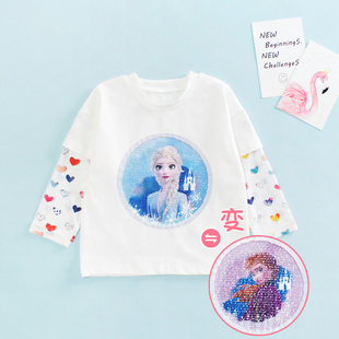 女童夏天长袖T恤儿童夏装防晒衣爱莎公主亮片变色衣服安娜上衣薄