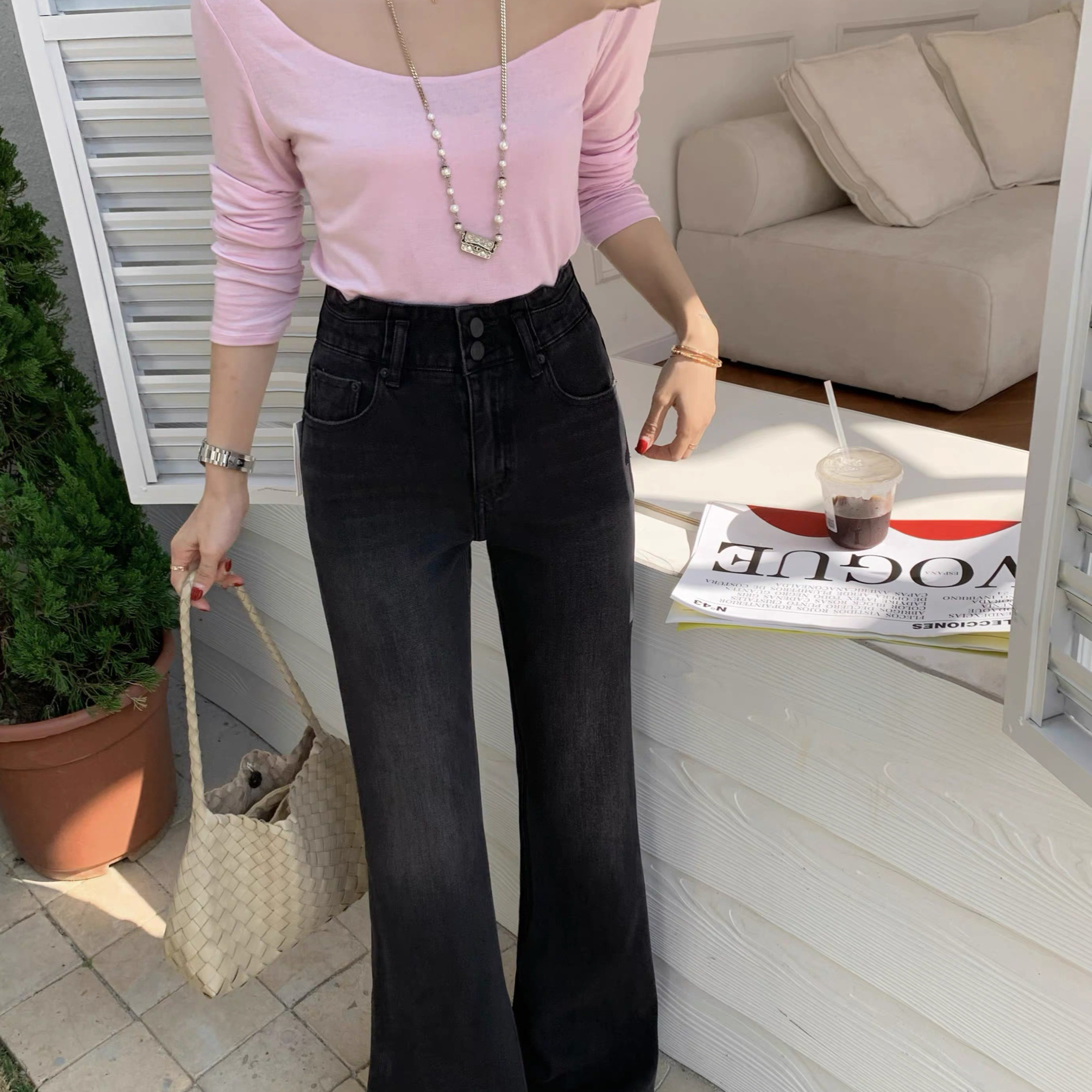 十三行Boyiyiyi三衣牛仔裤女黑色四面弹高腰修身提臀喇叭裤68362