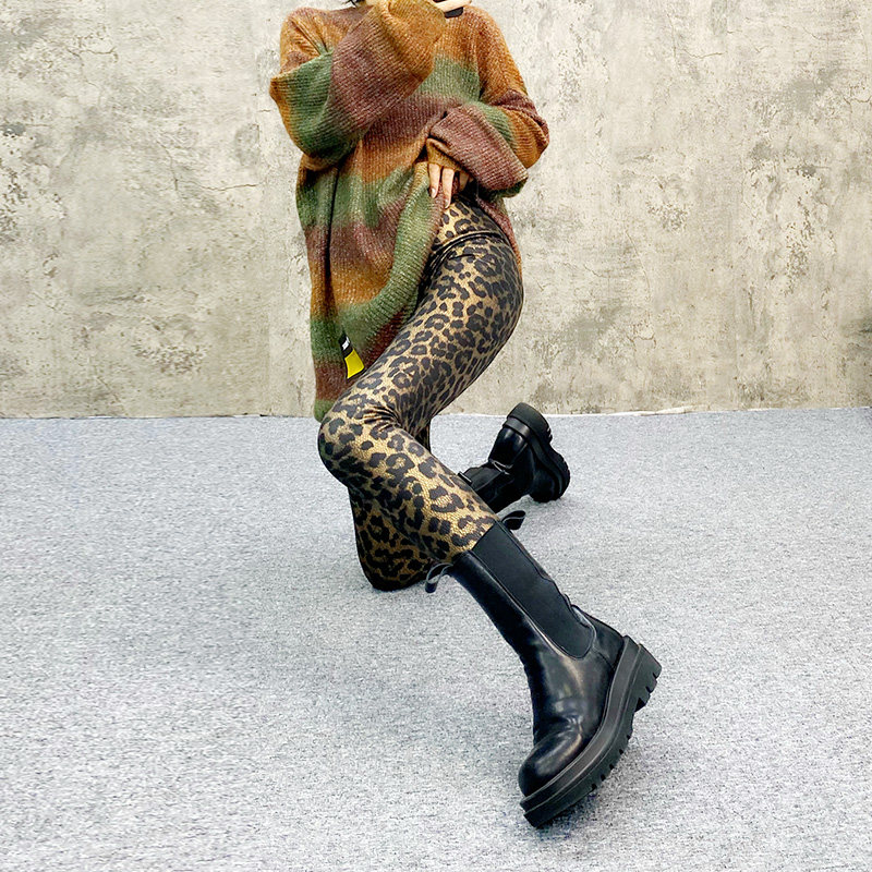 豹纹打底裤女外穿加厚2025新款秋冬弹力修身高腰显瘦九分裤紧身裤