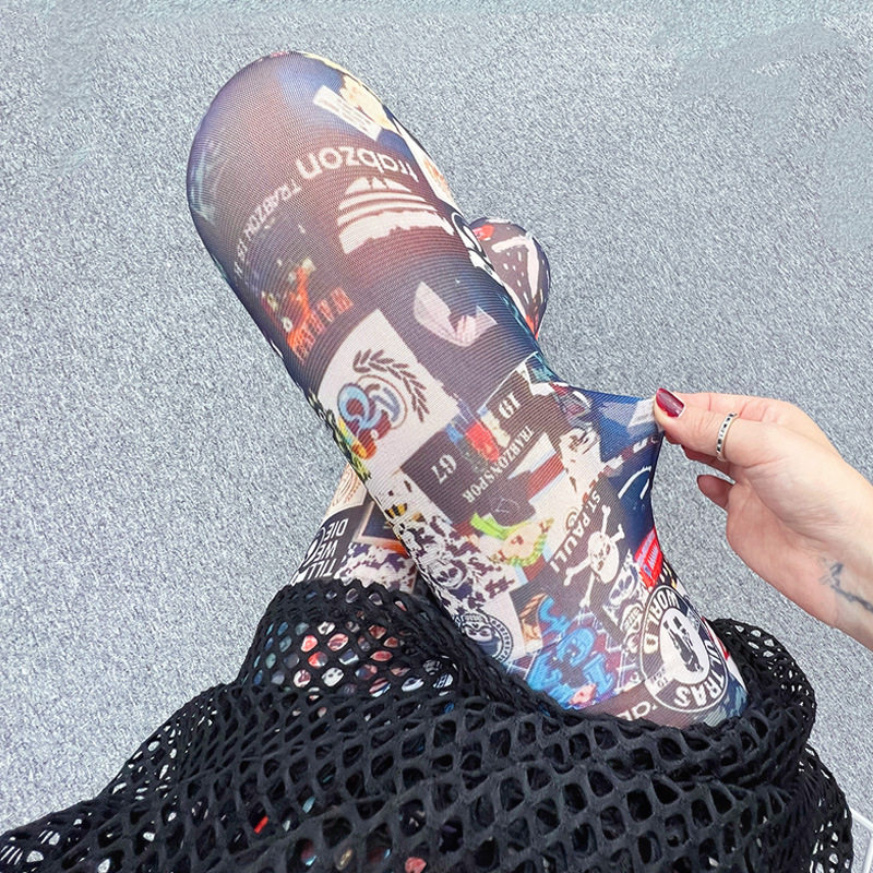 网纱打底裤女夏季外穿薄款弹力高腰个性拉斯维加斯印花九分裤长裤