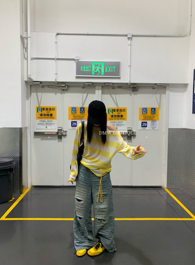 DM夏新款薄女美式辣妹复古水洗做旧磨损破洞宽松显瘦直筒牛仔长裤