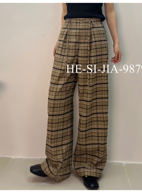 赫思佳秋季新款女美式格子复古慵懒阔腿休闲显瘦(配腰绳9879
