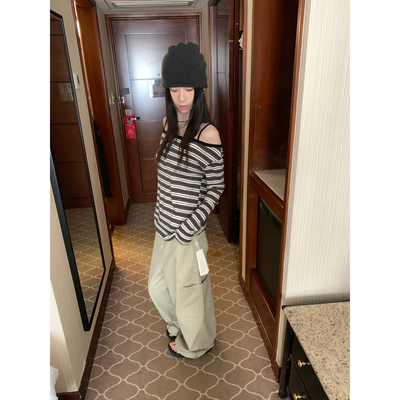 正版TABLE档口新款设计感时尚辣妹吊带漏肩条纹上衣时髦打底33021