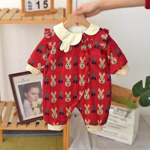 婴儿衣服秋冬新款宝宝包屁衣新生儿连体衣拜年服小月龄爬衣外出服