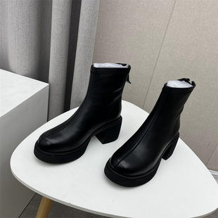 断码处理2023秋冬真皮女靴圆头后拉链加绒高跟时装靴牛皮粗跟短靴