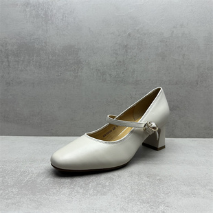 撤柜处理断码女鞋2026春款真皮一字扣高跟鞋方头浅口粗跟牛皮单鞋