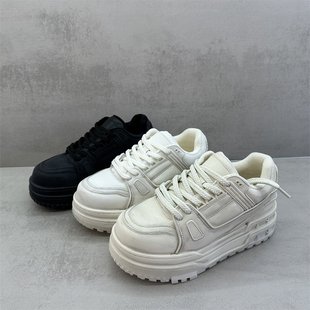 2025冬季新款断码处理真皮女鞋系带圆头增高厚底加绒小白鞋休闲鞋