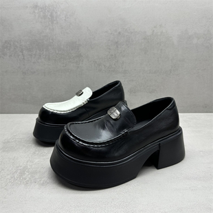 撤柜处理断码女鞋2026春款真皮乐福鞋厚底一脚蹬圆头高跟牛皮单鞋