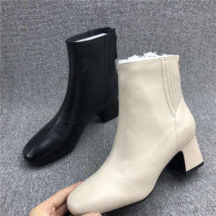 工厂处理断码真皮女靴子高跟时尚方头牛皮后拉链百搭潮流女单靴