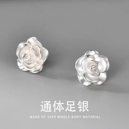 S999纯银山茶花耳钉不掉色耳环足银洗澡睡觉养耳洞耳饰抗过敏