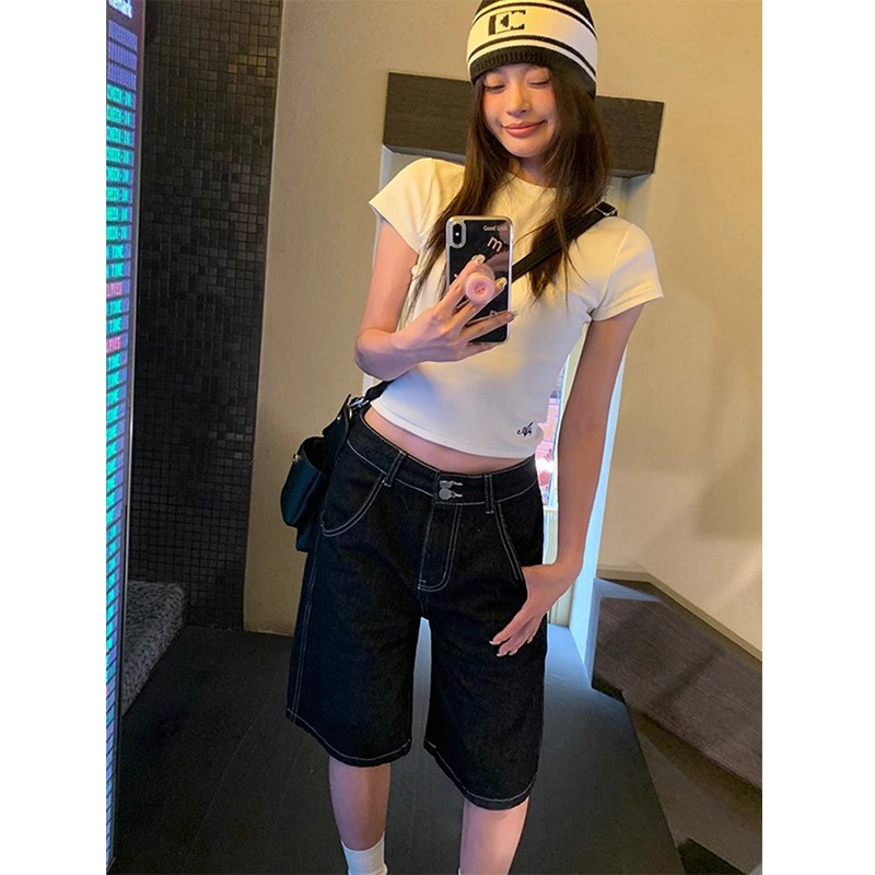 雯雯小超人 复古宽松阔腿牛仔短裤女2025夏季新款高腰显瘦五分裤