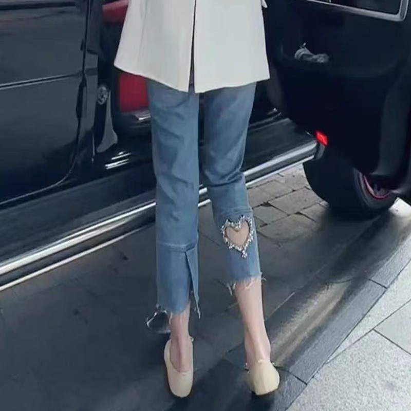 大码女装2025新款夏季高腰弹力九分牛仔裤女胖妹妹显瘦烟管裤子女