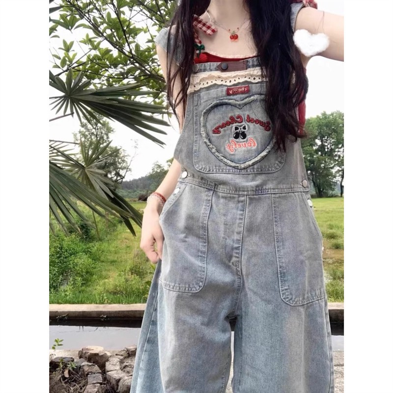 大码胖mm美式复古设计感牛仔背带裤女夏季减龄宽松阔腿连体裤长裤