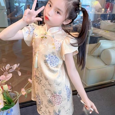 女童改良旗袍连衣裙夏季中国风泡泡袖流苏汉服裙子中式气质公主裙