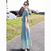 两件套长款 复古泡泡袖 半身裙套装 薄款 气质高级感显瘦 牛仔裙女夏季