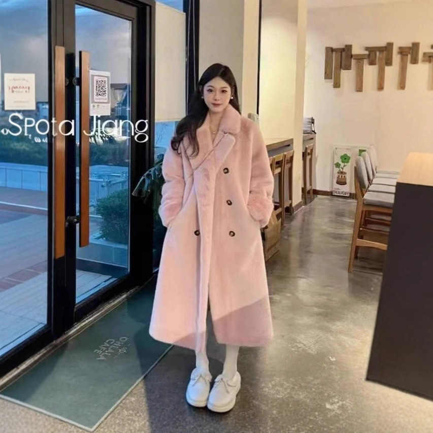 秋冬季新款仿兔毛皮草加厚保暖气质加长款毛绒大衣毛毛外套西装领