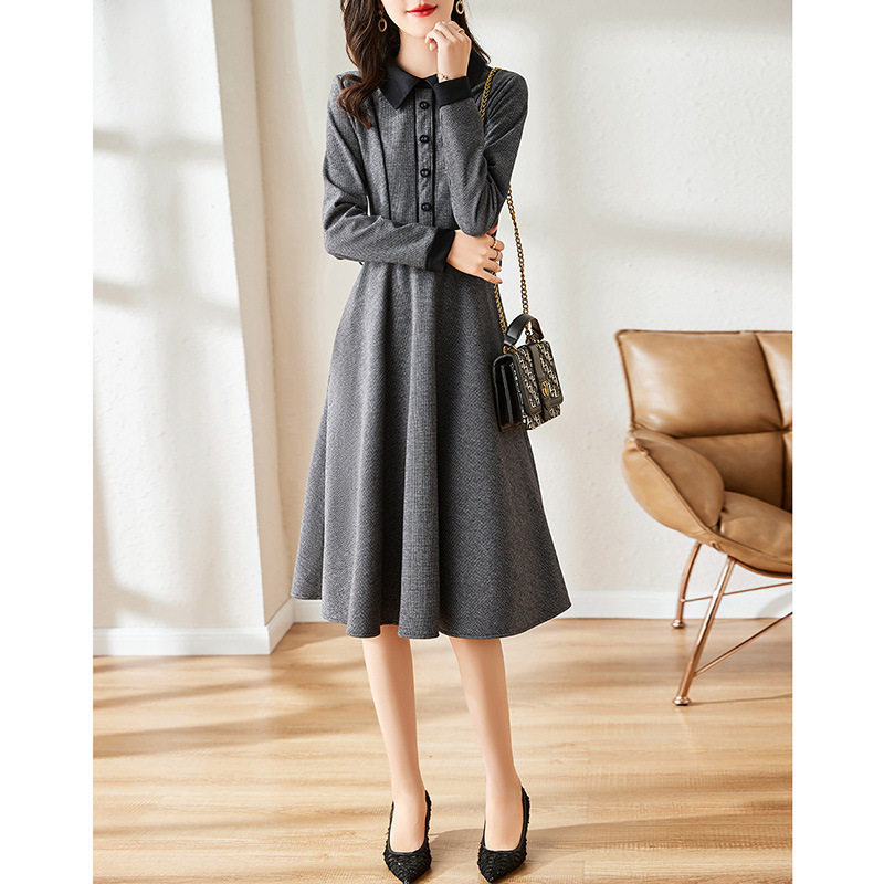 连衣裙秋款女装新款复古撞色POLO领中长款裙子收腰显瘦a字衬衫裙