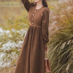 针织连衣裙秋冬新款法式复古气质拼接打底内搭森系毛衣裙T