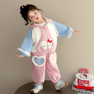 【加绒甜系】女童秋冬季加绒套装儿童卡通休闲网红连帽上衣裤子