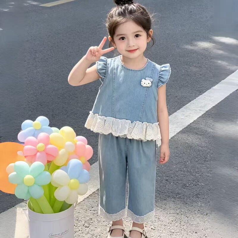 女童夏季套装最新款2026女款时尚洋气牛仔上衣九分裤薄款两件套 - 实物图