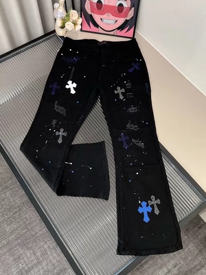 美式克罗风格烫钻刺绣十字架牛仔裤男女潮牌宽松休闲痞帅微喇长裤