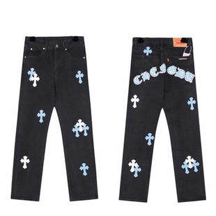 2026新款轻奢黑白克罗十字架贴布牛仔裤男女美式高街潮牌休闲长裤